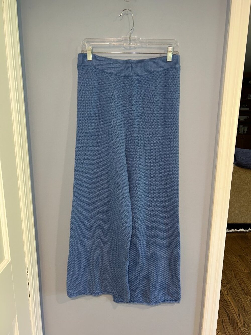 Free People Medium Women's Waffle Pants, Blue Wide Leg, relaxed